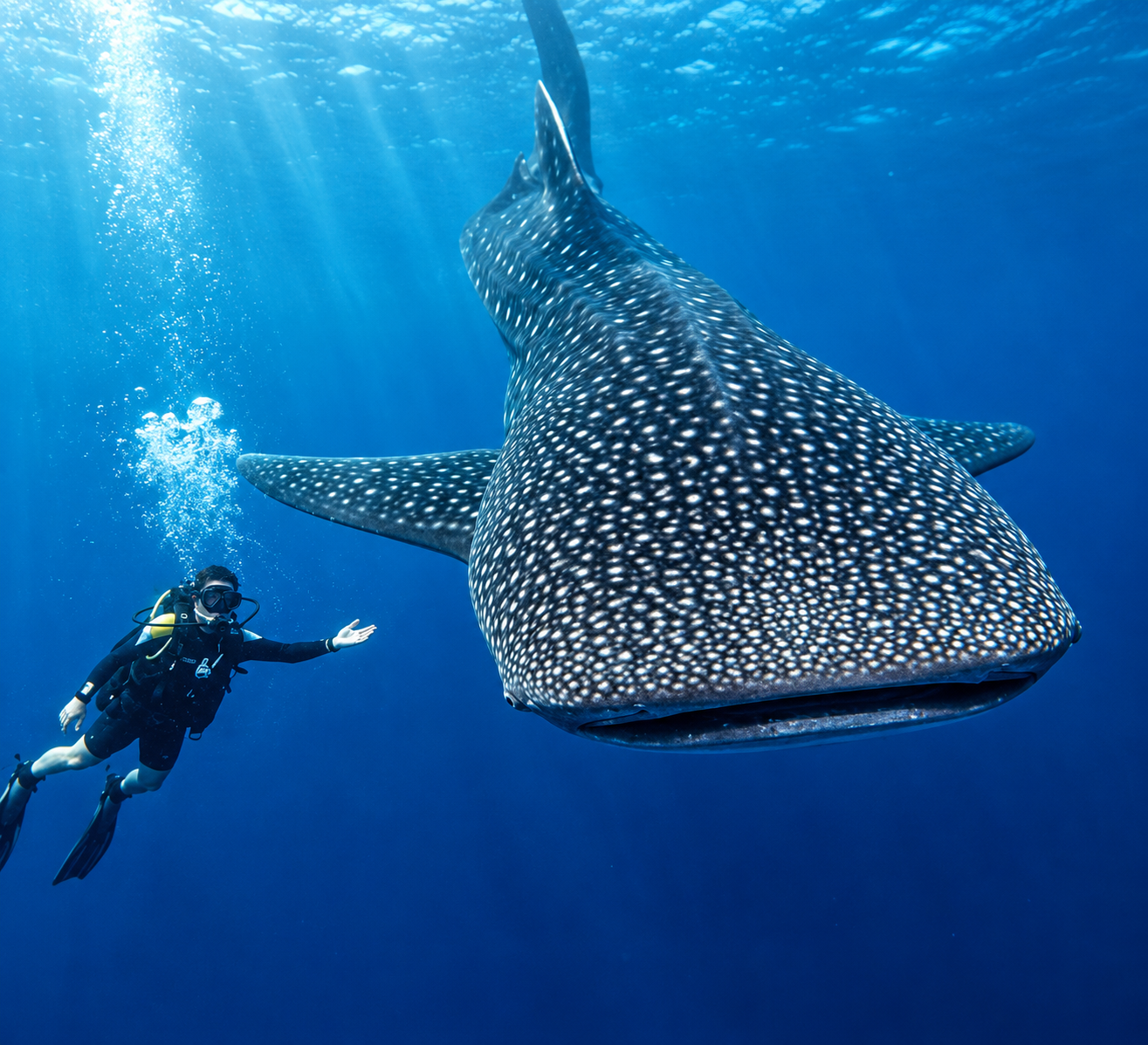 Snorkeler swimming next to a whale shark in the blue water off Amed, Bali