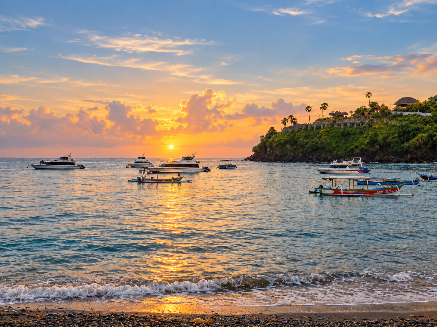 Sunrise over Jemeluk Bay in Amed, Bali with traditional fishing boats on calm water